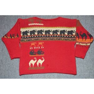 Earth Design Ltd Sweater Knit 3/4 Sleeve Giraffe Elephant Gazelle‎ Unique Red